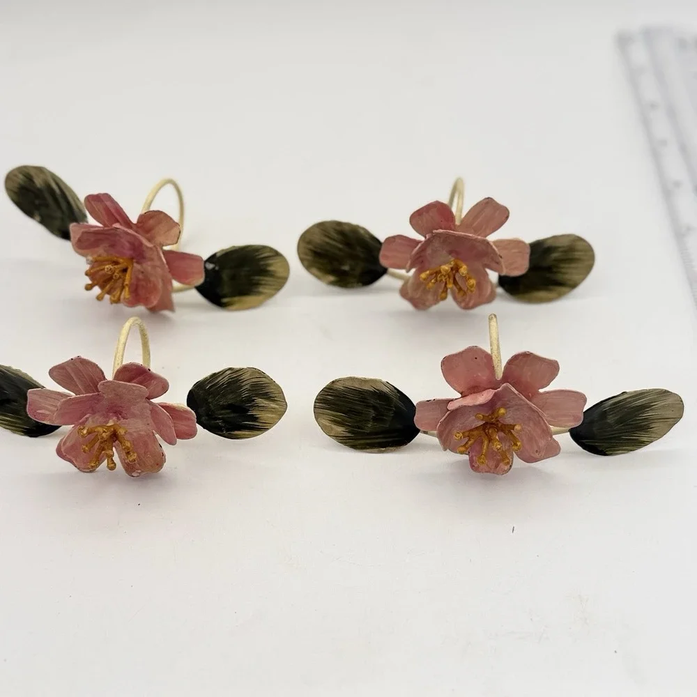 Vtg Handpainted Toleware Floral Napkin Rings Set Of 4 Cottage Core Shabby #5615‎